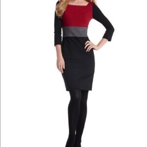White House Black Market Red Black Grey Long Sleeve Ponte Dress WHBM Sz 2 NWT